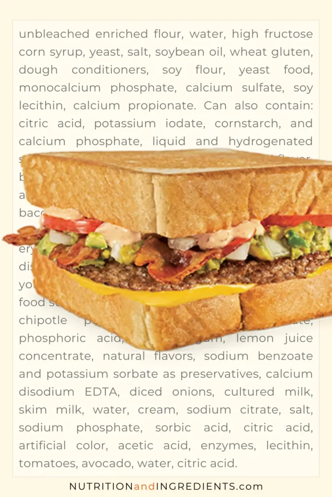 Whataburger bacon cheeseburger on Texas Toast with list of ingredients.