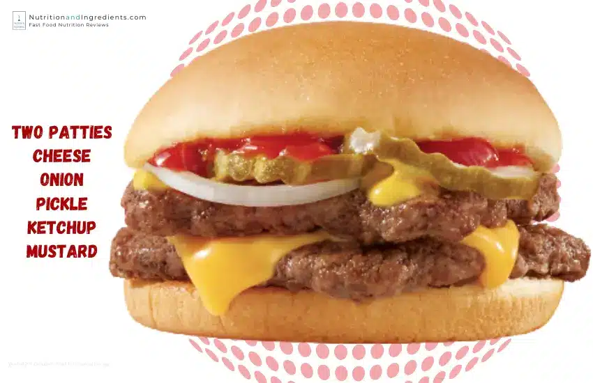 Wendy's Double Stack cheeseburger with text list of toppings.