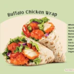 Buffalo chicken wrap sandwich with list of ingredients.