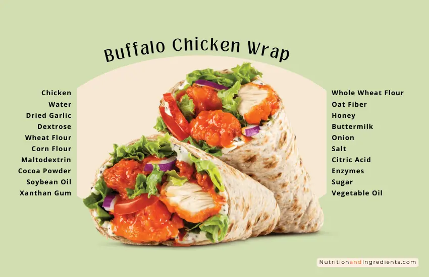 Buffalo chicken wrap sandwich with list of ingredients.