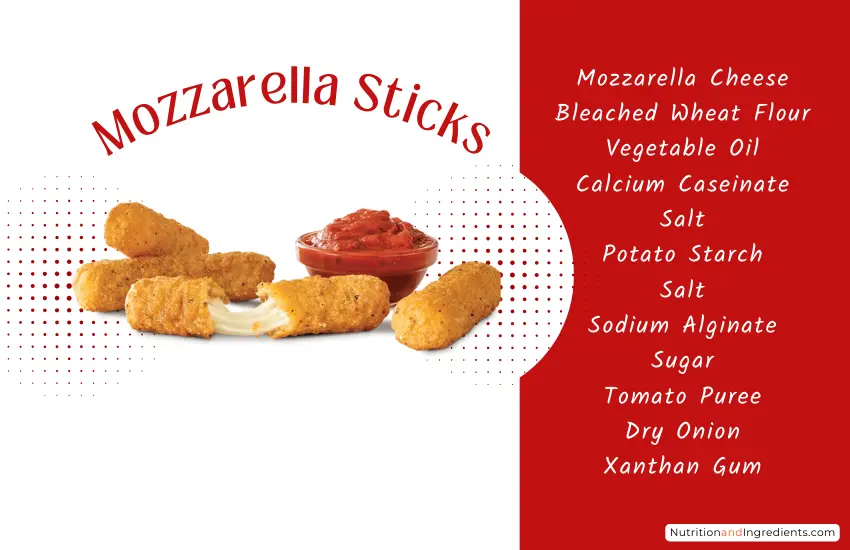 Arby's mozzarella sticks with marinara sauce and text listing select ingredients.