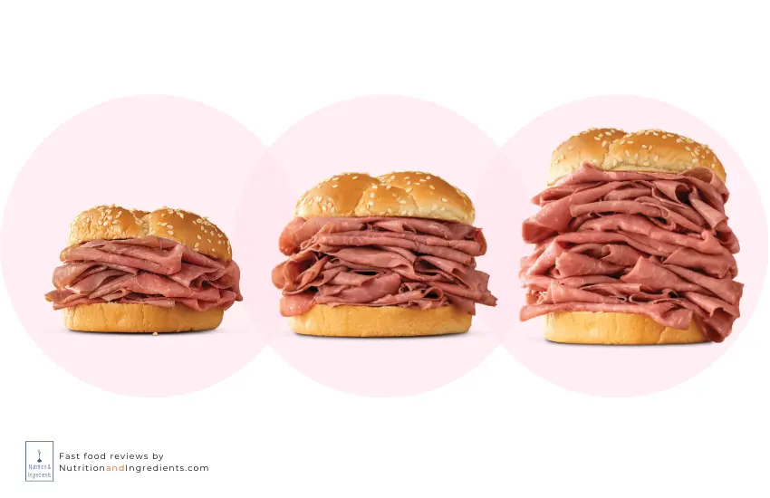 Arby's classic, double, and half-pound roast beef sandwich.