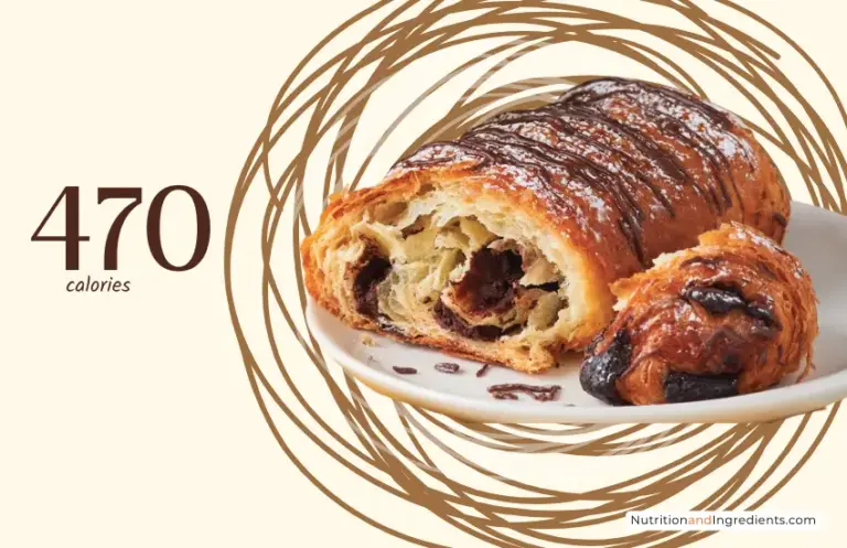 A chocolate croissant on a plate with text '470 calories'.