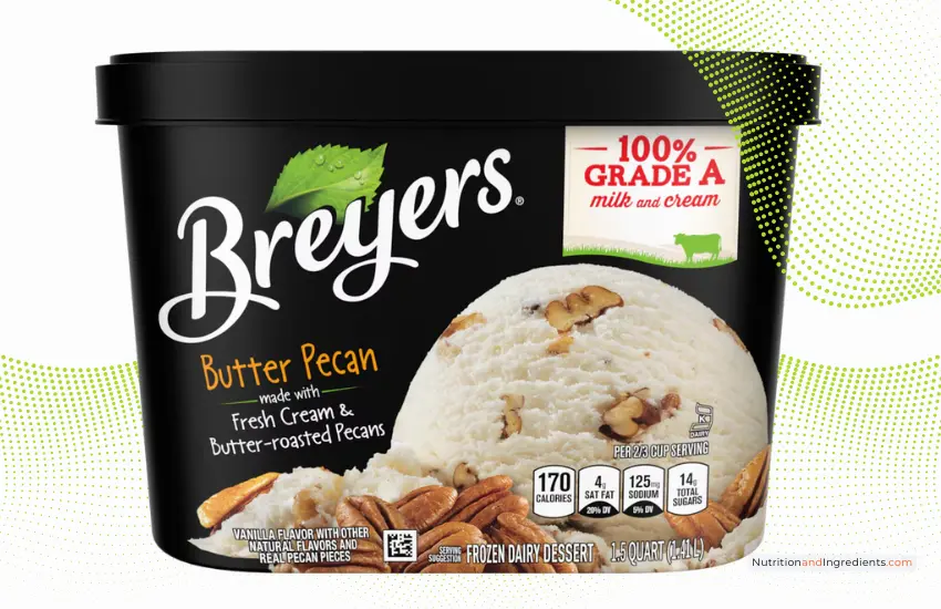 Carton of Breyers Butter Pecan flavored frozen dairy dessert.