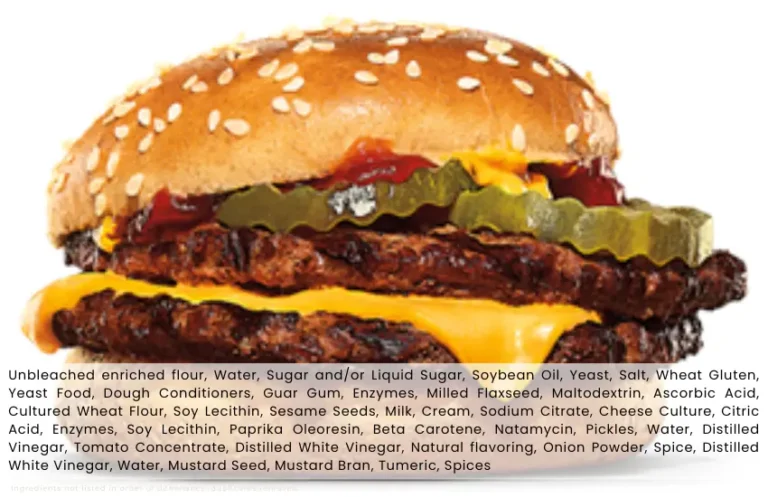 Burger King two patty cheeseburger with text list of ingredients.