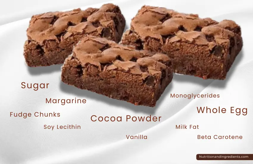 Three chocolate brownies from Chick-fil-A with text listing select ingredients.