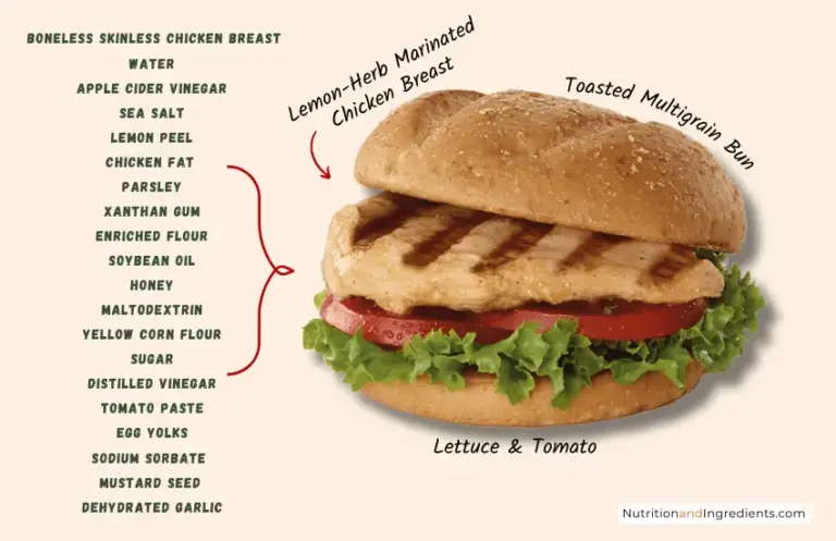 Grilled chicken sandwich from Chick-fil-A and text listing select ingredients.