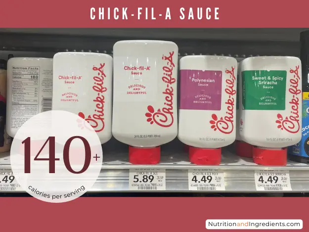 Various flavors of Chick-fil-A sauce on the shelf at a grocery store.