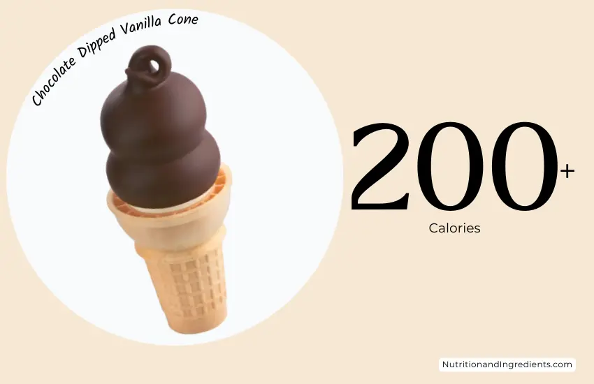 Chocolate dipped cone from Dairy Queen with text '200+ calories'.