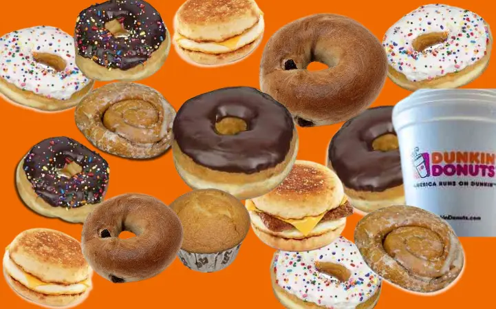 Collage of donuts, muffins, coffee and breakfast sandwiches from Dunkin'.