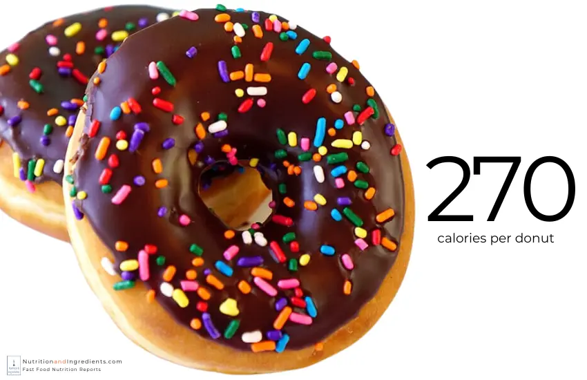 Two Dunkin' chocolate iced donuts with rainbow sprinkles.