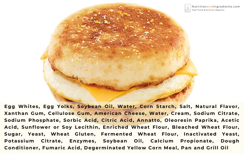 Dunkin' egg & cheese sandwich with list of ingredients.