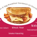 Bacon, egg and cheese sandwich from Dunkin' with text listing some of the ingredients.