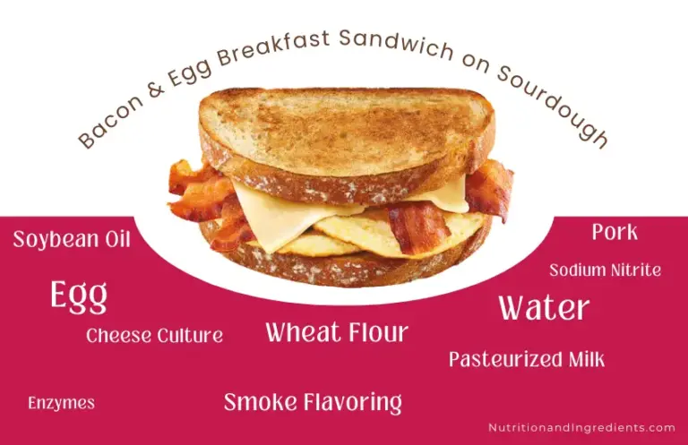 Bacon, egg and cheese sandwich from Dunkin' with text listing some of the ingredients.