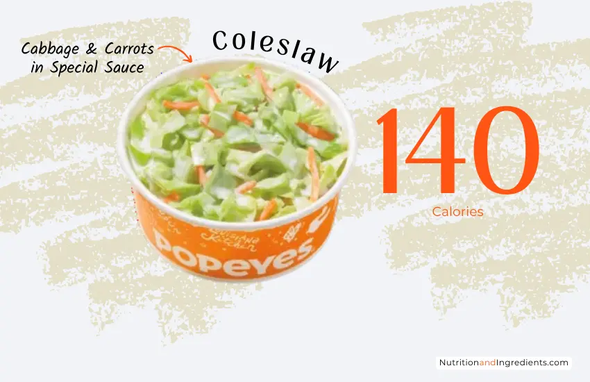 Side order of coleslaw from Popeyes fast food restaurant with text '140 calories'.