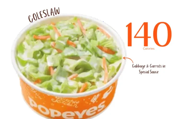 Side order of coleslaw from Popeyes fast food restaurant with text "140 calories."