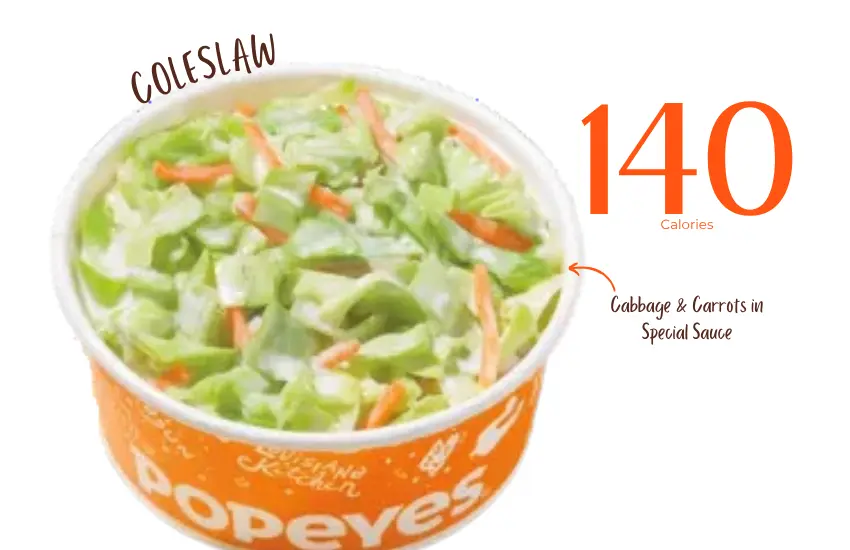 Side order of coleslaw from Popeyes fast food restaurant with text "140 calories."