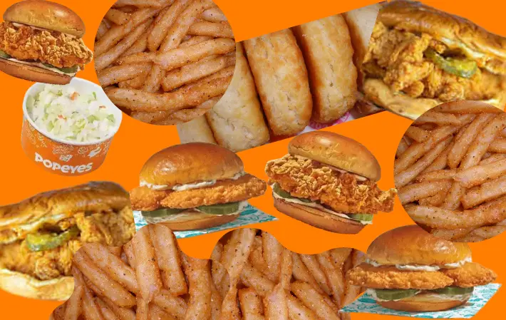 Collage of fried chicken, sandwiches, coleslaw and fries from Popeyes restaurant.