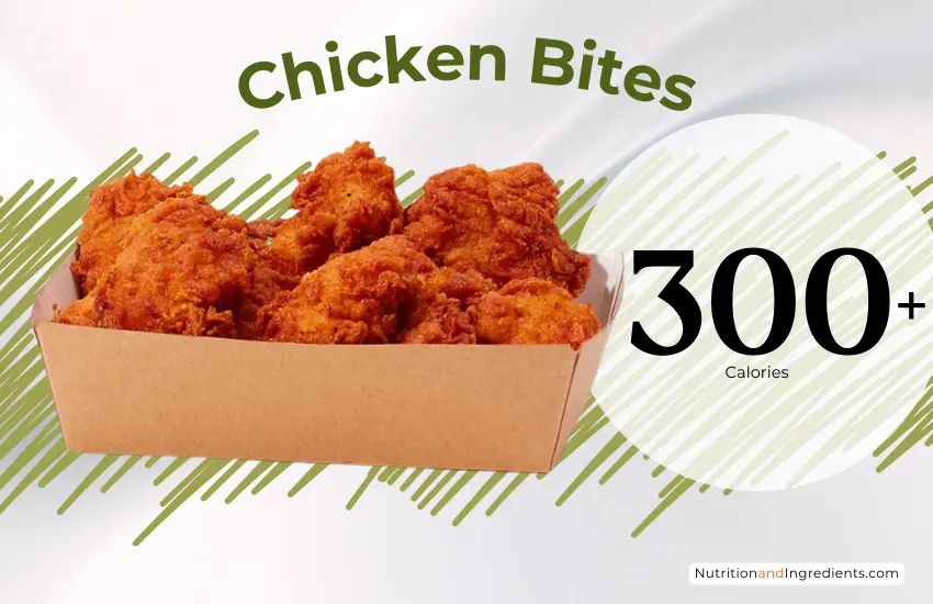 Order of chicken bites from Shake Shack restaurant with text '300+ calories'.