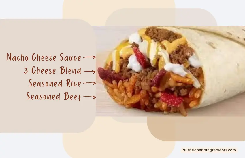 Taco Bell Beefy Melt Burrito with text listing select ingredients.