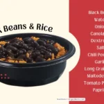 Taco Bell bowl of black beans and rice with list of ingredients.