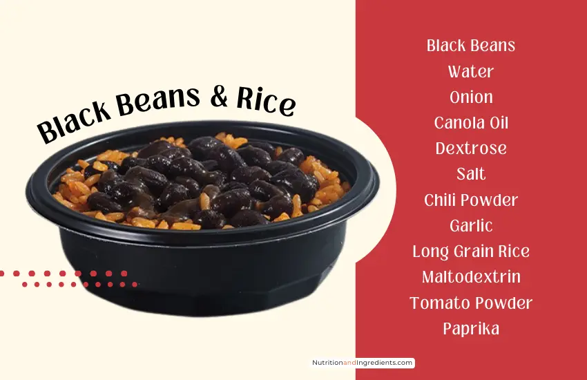 Taco Bell bowl of black beans and rice with list of ingredients.