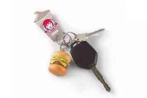 Key tag with Wendy's logo that enables owner a free frosty, attached to car key ring.