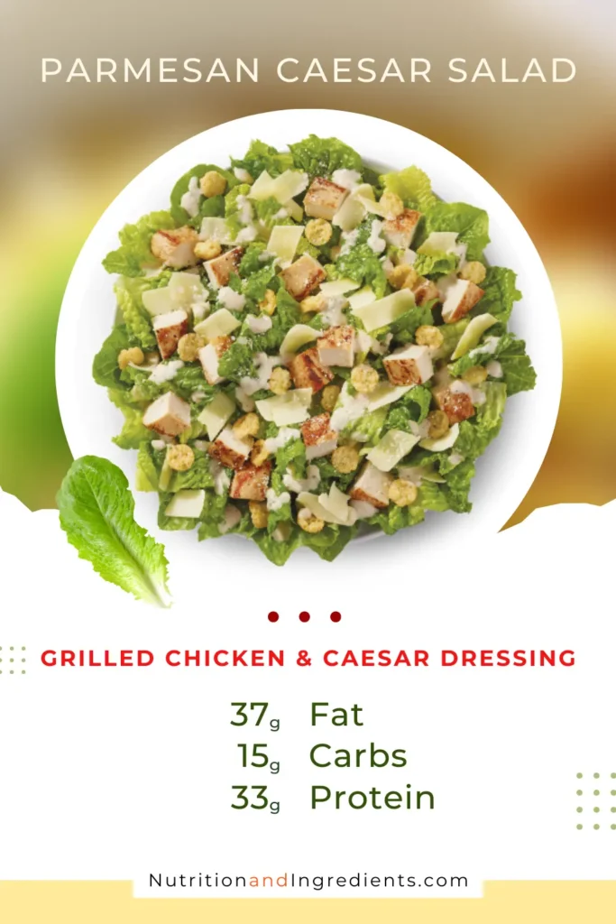 Wendy's caesar salad with chicken and summary list of nutrients.