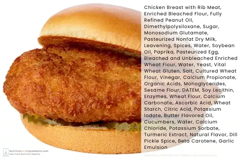 Chick-fil-A chicken sandwich with list of ingredients.
