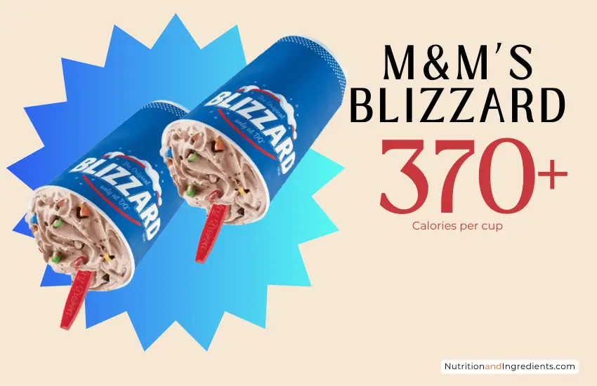 Blizzard made with M&Ms with text '370+ calories'.