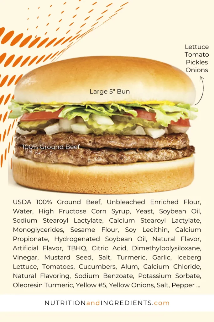 Double patty hamburger with list of ingredients.