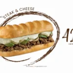 Firehouse Subs hot specialty steak & cheese sub with text '420 calories.'