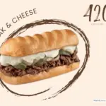 Hot steak & cheese sub sandwich from Firehouse Subs restaurant with text 420+ calories'.