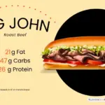 A roast beef sandwich branded as the Big John from Jimmy John's restaurant and text listing select nutrients.