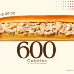 Tuna salad sandwich from Jimmy John's with text '600 calories.'