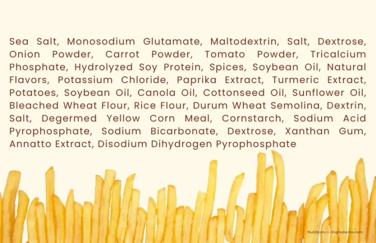 Stack of french fries with text list of ingredients for KFC fries.