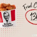 Bucket of fried chicken from KFC with text '130+ calories per serving'.