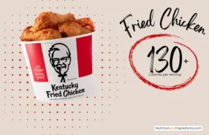 Bucket of fried chicken from KFC with text '130+ calories per serving'.