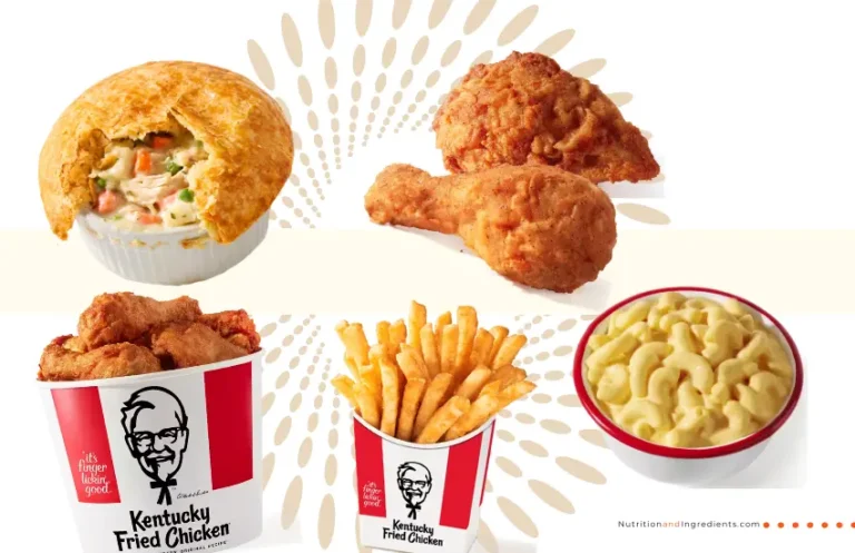 Chicken, pot pie, fries, and mac & cheese from KFC.