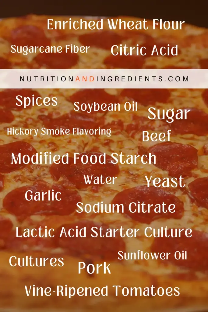 Pepperoni pizza with text listing ingredients used at Papa John's pizzeria.