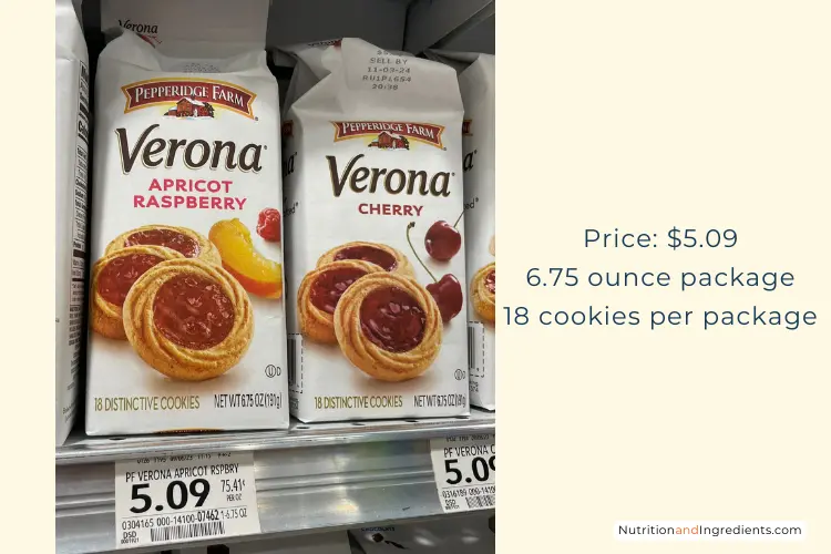 Packages of Verona style cookies on shelf at grocery store.