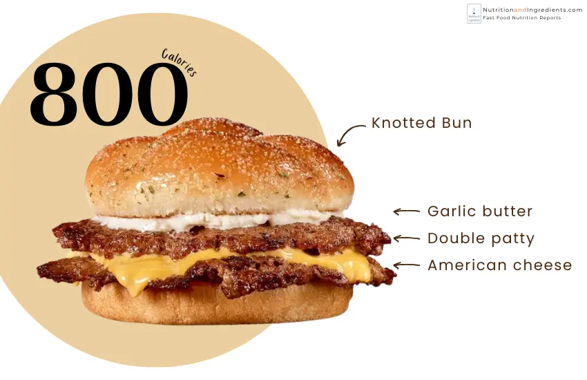 Double patty steakburger with cheese and garlic butter spread with text '800 calories'.