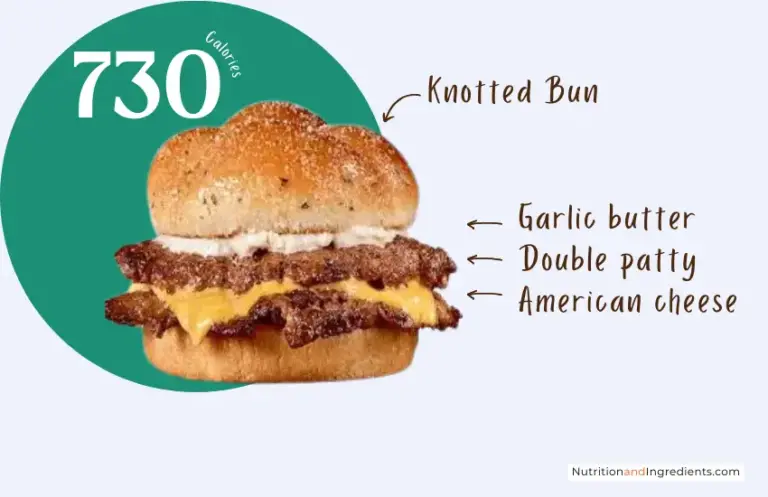 Double patty steakburger with cheese and garlic butter with text '730 calories'.