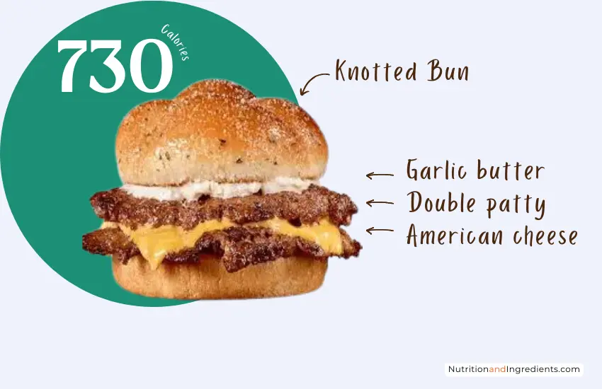 Double patty steakburger with cheese and garlic butter with text '730 calories'.