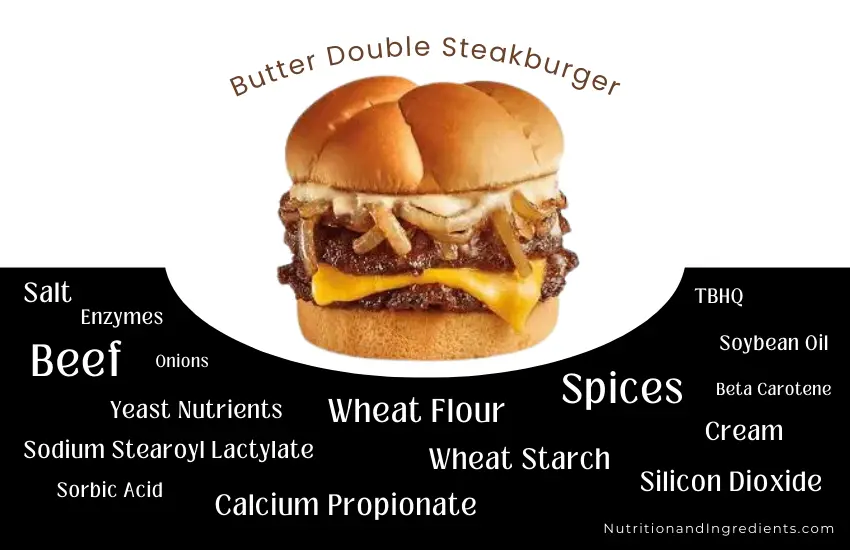 Steak 'n Shake Butter Double Steakburger with text list of ingredients.