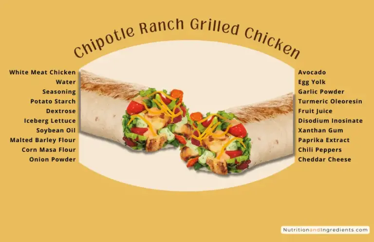 Taco Bell Chipotle Ranch Grilled Chicken Burrito with text listing ingredients.