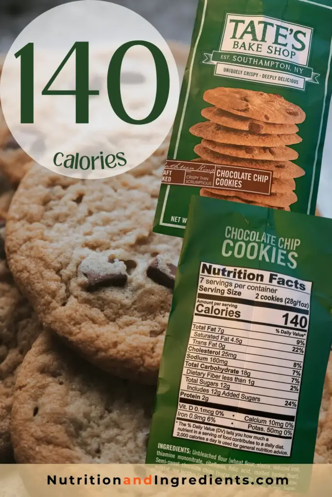 Chocolate chip cookies and packaging by Tate's Bakeshop with text '140 calories'