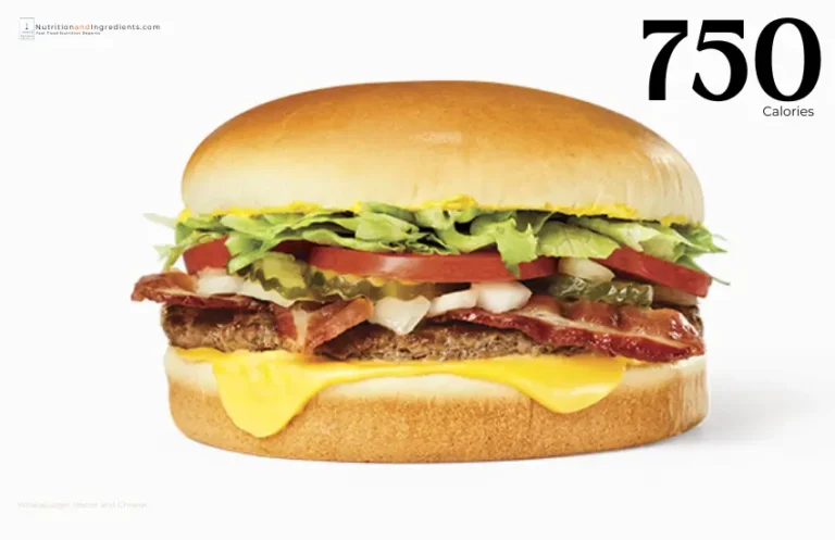 Whataburger cheeseburger with bacon with text "750 calories."