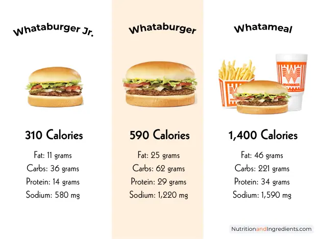 Whataburger hamburger and smaller hamburger jr with text listing nutrition facts.