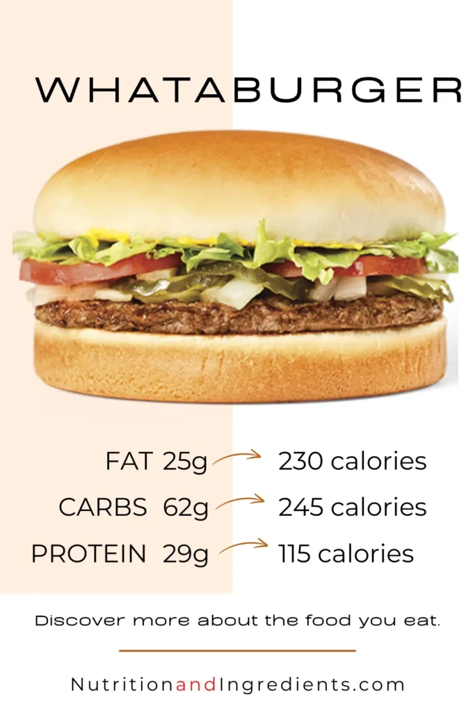 Hamburger with text summary of fat, carbs, and protein.